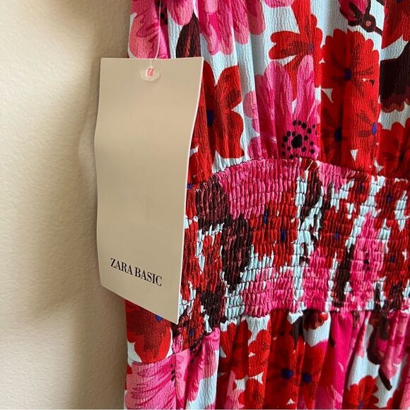 NWT Zara Floral Flutter Sleeve Button Front Fit And Flare Dress roses Small - Picture 5 of 5